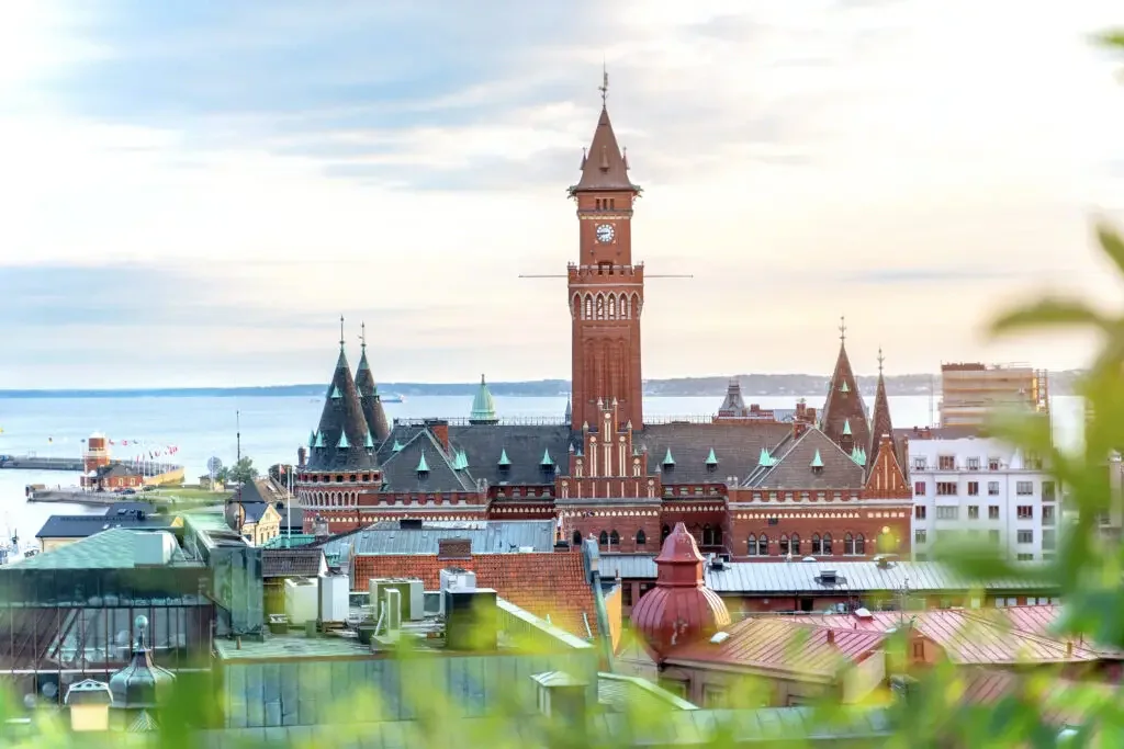 Helsingborg waterfront, Kärnan tower and city centre in southern Sweden