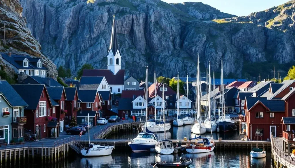 Larvik waterfront, fjord and town in Vestfold, Norway