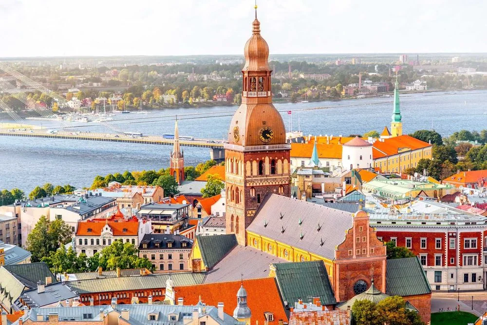 Riga Old Town, Daugava riverfront and city skyline in Latvia