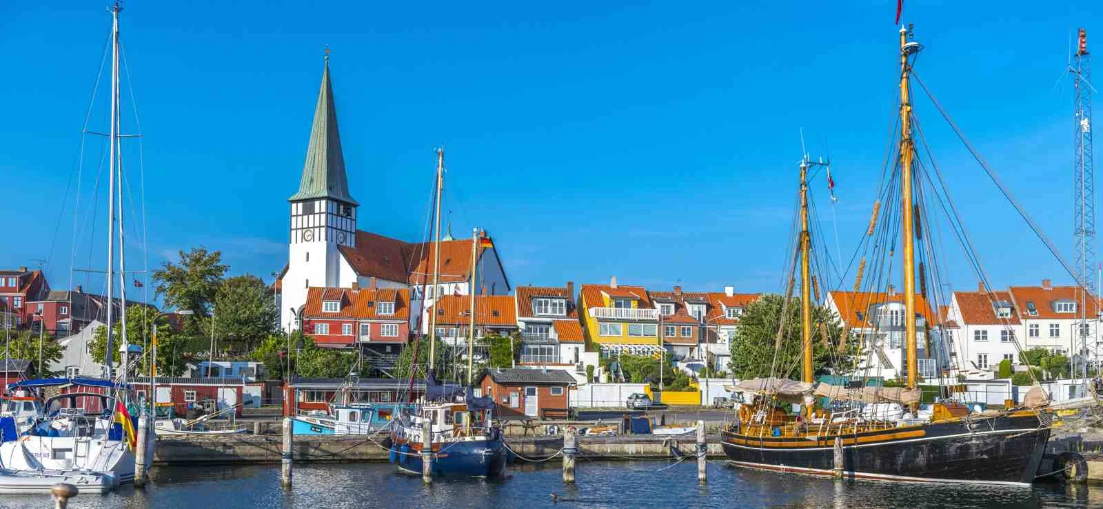 Rønne old town, harbour and Bornholm coast in Denmark
