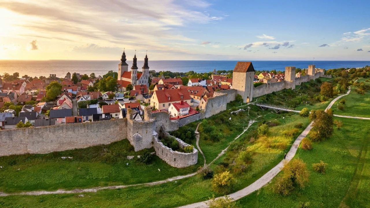 Visby medieval city walls, rooftops and Baltic waterfront on Gotland