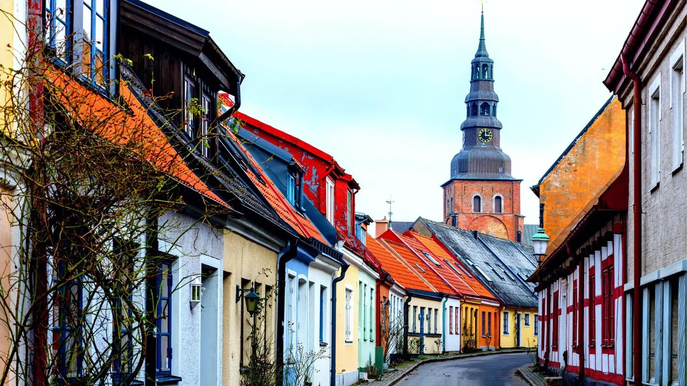 Ystad old town, harbour and southern Swedish coast
