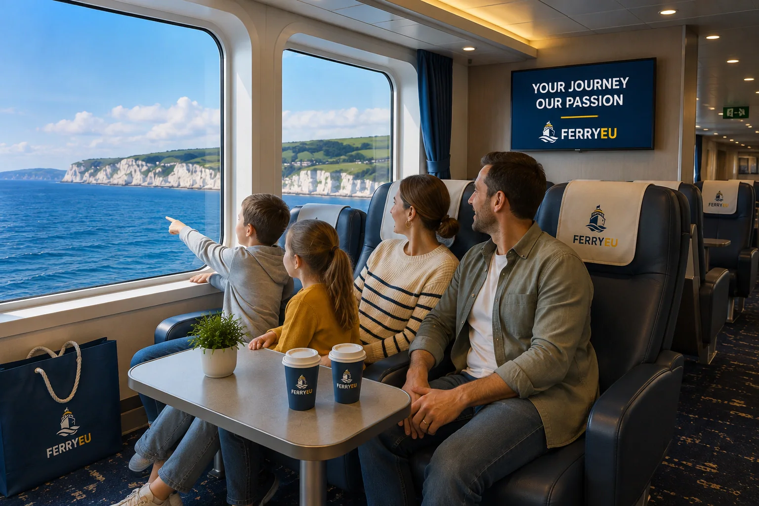 Family relaxing together during a European ferry crossing