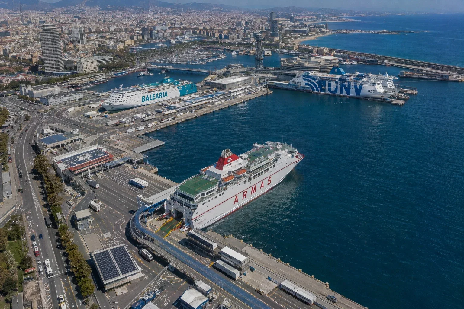 Aerial view of Barcelona ferry port and Balearic ferry berths