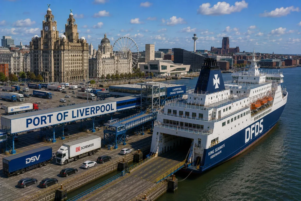 Aerial view of Liverpool waterfront and ferry port