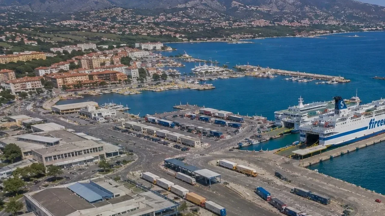 Aerial view of Olbia ferry terminal with a Tirrenia passenger ferry