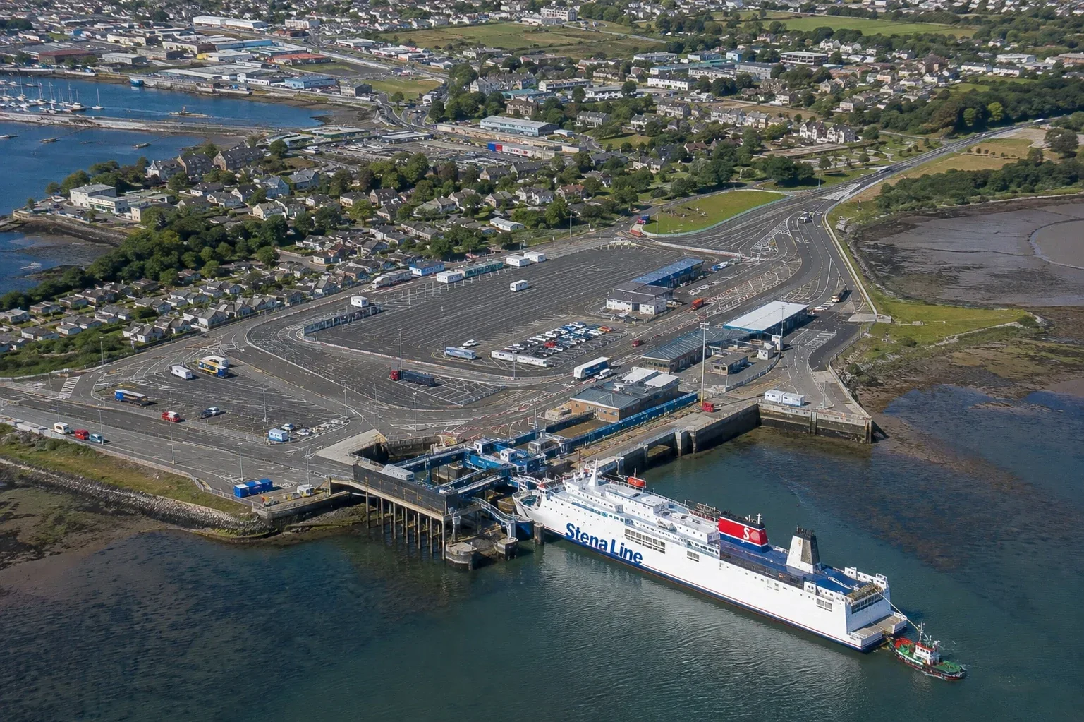 Aerial view of Pembroke Dock ferry port and harbour in southwest Wales