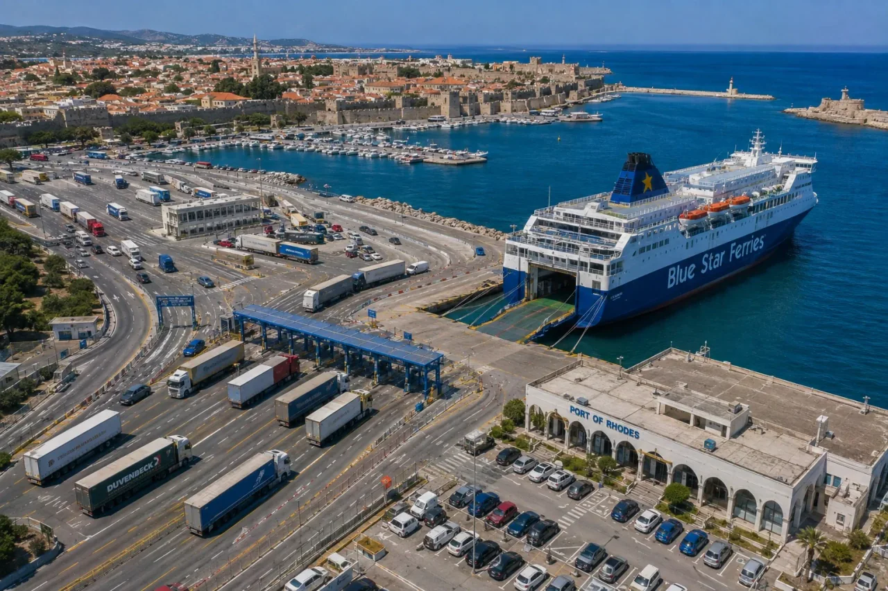 Aerial view of Rhodes ferry port and historic waterfront