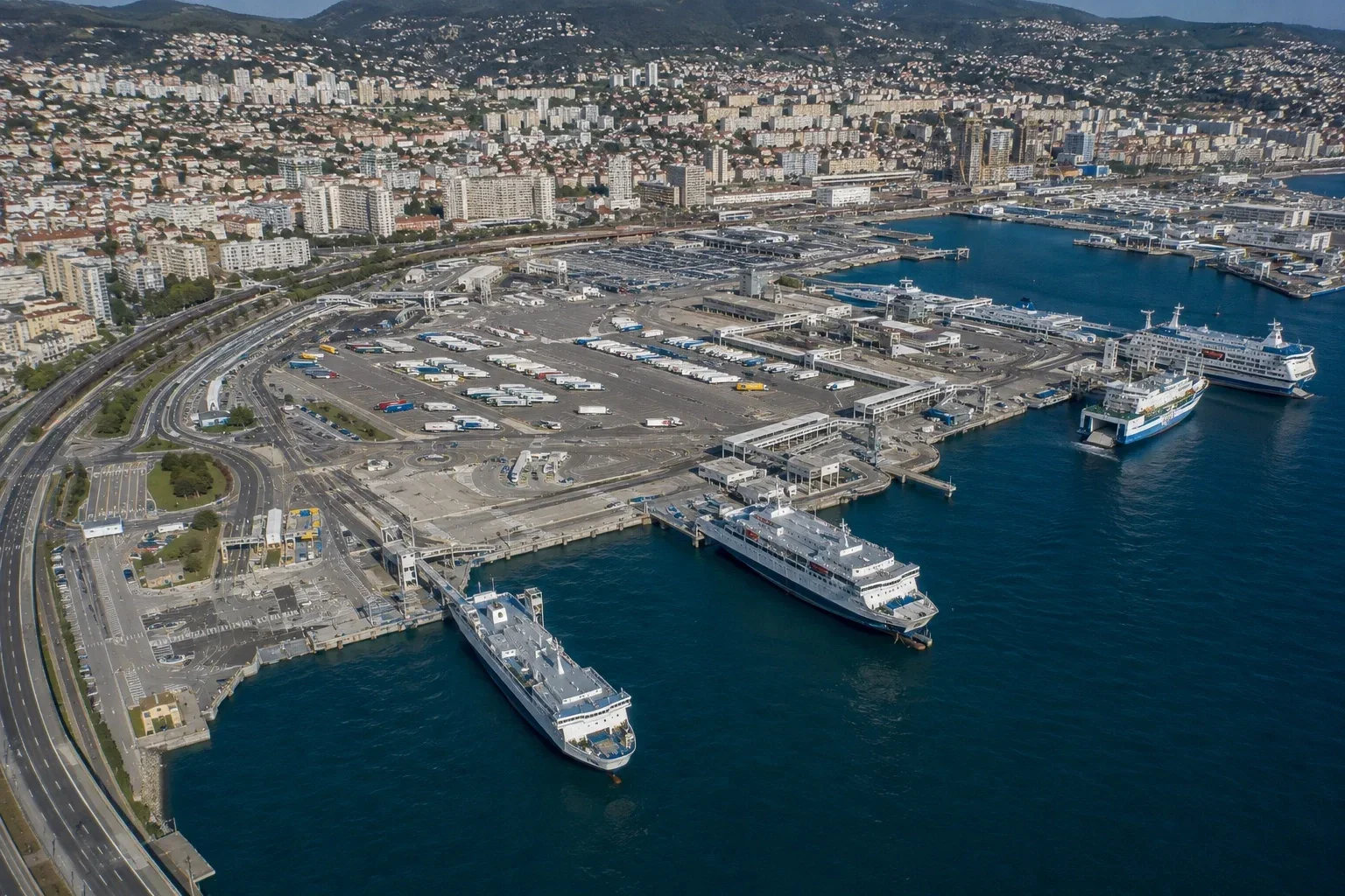 Aerial view of Toulon passenger ferry port and Mediterranean ferry berths