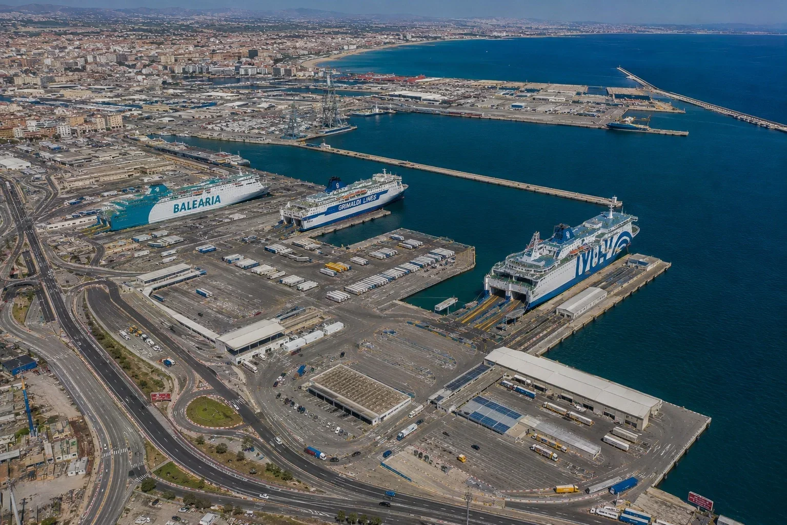 Aerial view of Valencia ferry port and passenger-ferry berths